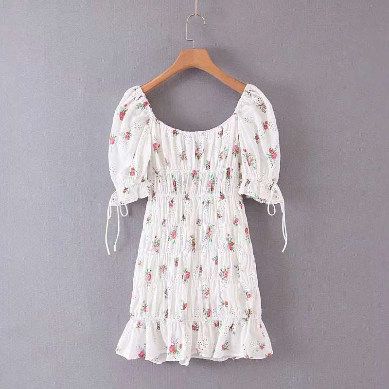 Jeon Somi Inspired White Floral Ruched Dress