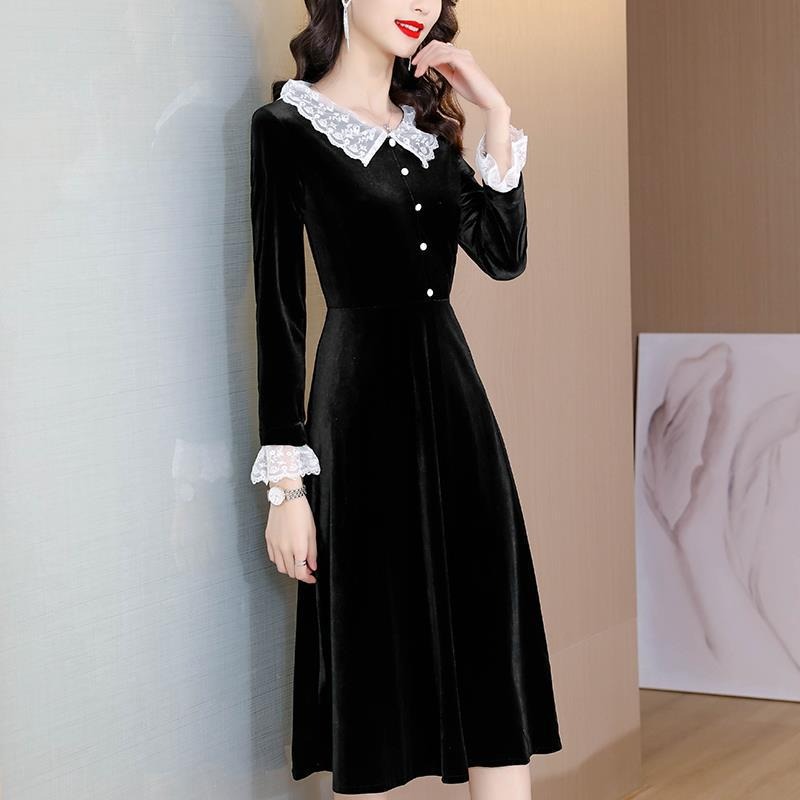 Black Velvet with White Lace Detail Mini Dress