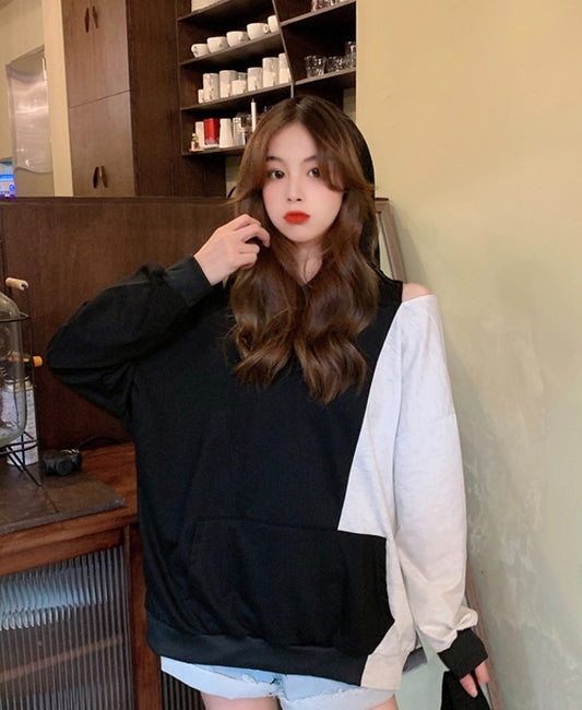 Red Velvet Irene Inspired Black And White Shoulder Cut Hoodie