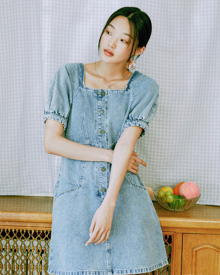 Blackpink Lisa Inspired Blue Denim Puff Sleeves Dress