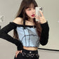 Dreamcatcher Yoohyeon Inspired Blue Stitched Long Sleeves Crop Top