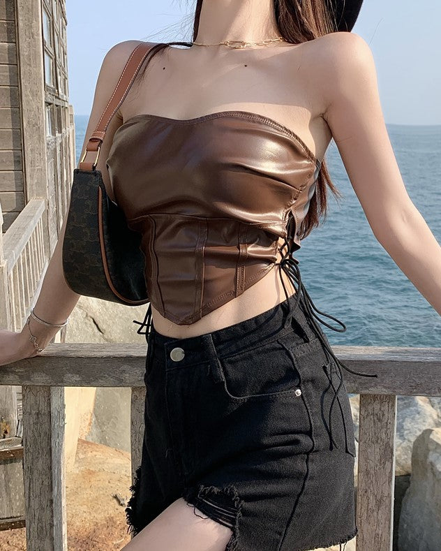 Dreamcatcher Handong Inspired Brown Faux Leather Corset Crop Top –  unnielooks