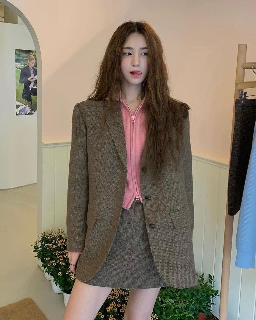 Our Beloved Summer Kook Yeon Su Inspired Dark Brown Herringbone Suit Blazer Jacket