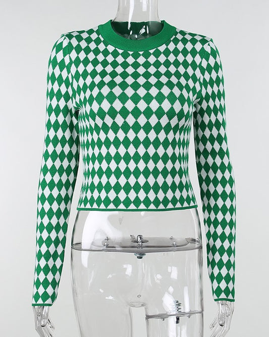 Blackpink Rosé-Inspired Green & White Checkered Crop Sweater