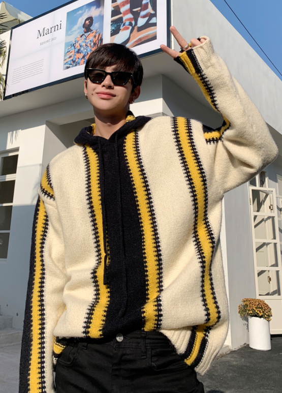 ATEEZ Hongjoong Inspired Beige Colorblock Stripe Patterned Hoodie –  unnielooks