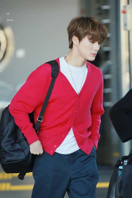 NCT127 Jeno Inspired Red Knitted V-Neck Cardigan
