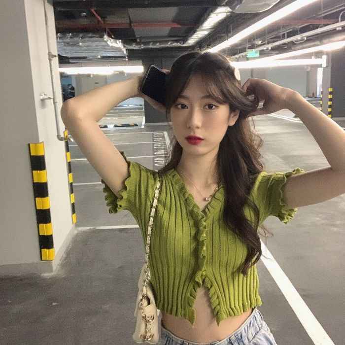 IVE Gaeul Inspired Green Knitted Buttoned Crop Top