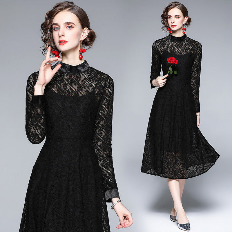 Blackpink Jisoo Inspired Black Collar Long Sleeved Lace Dress