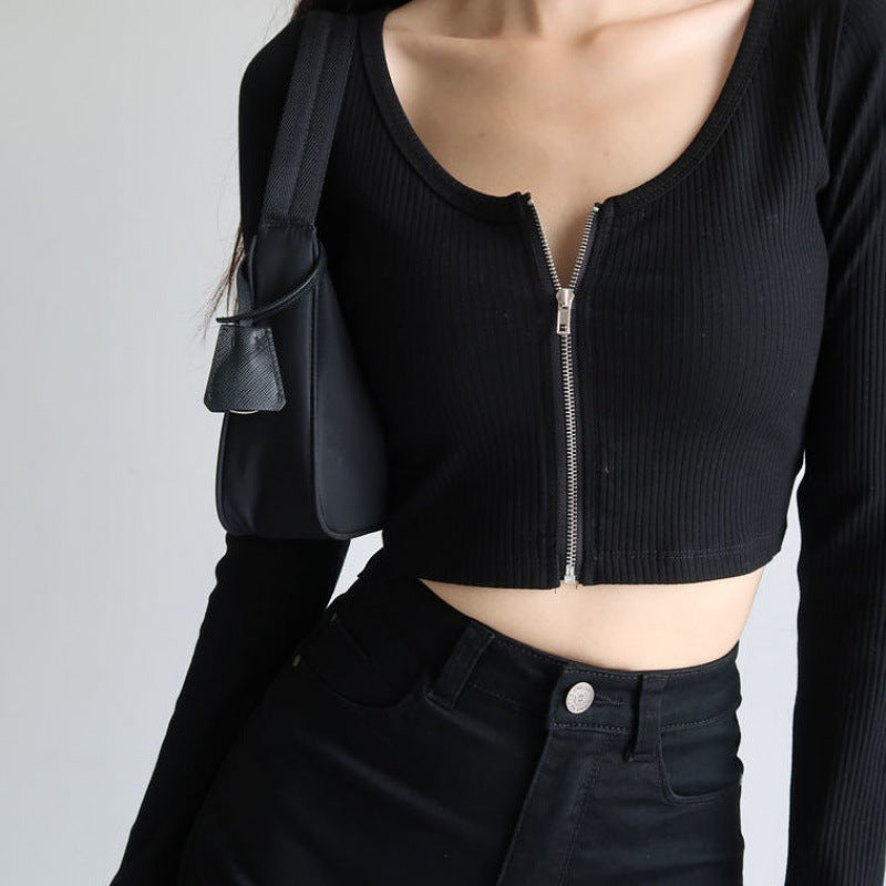 IVE Gaeul Inspired Black Long-Sleeve With High-Waisted Short Zipper