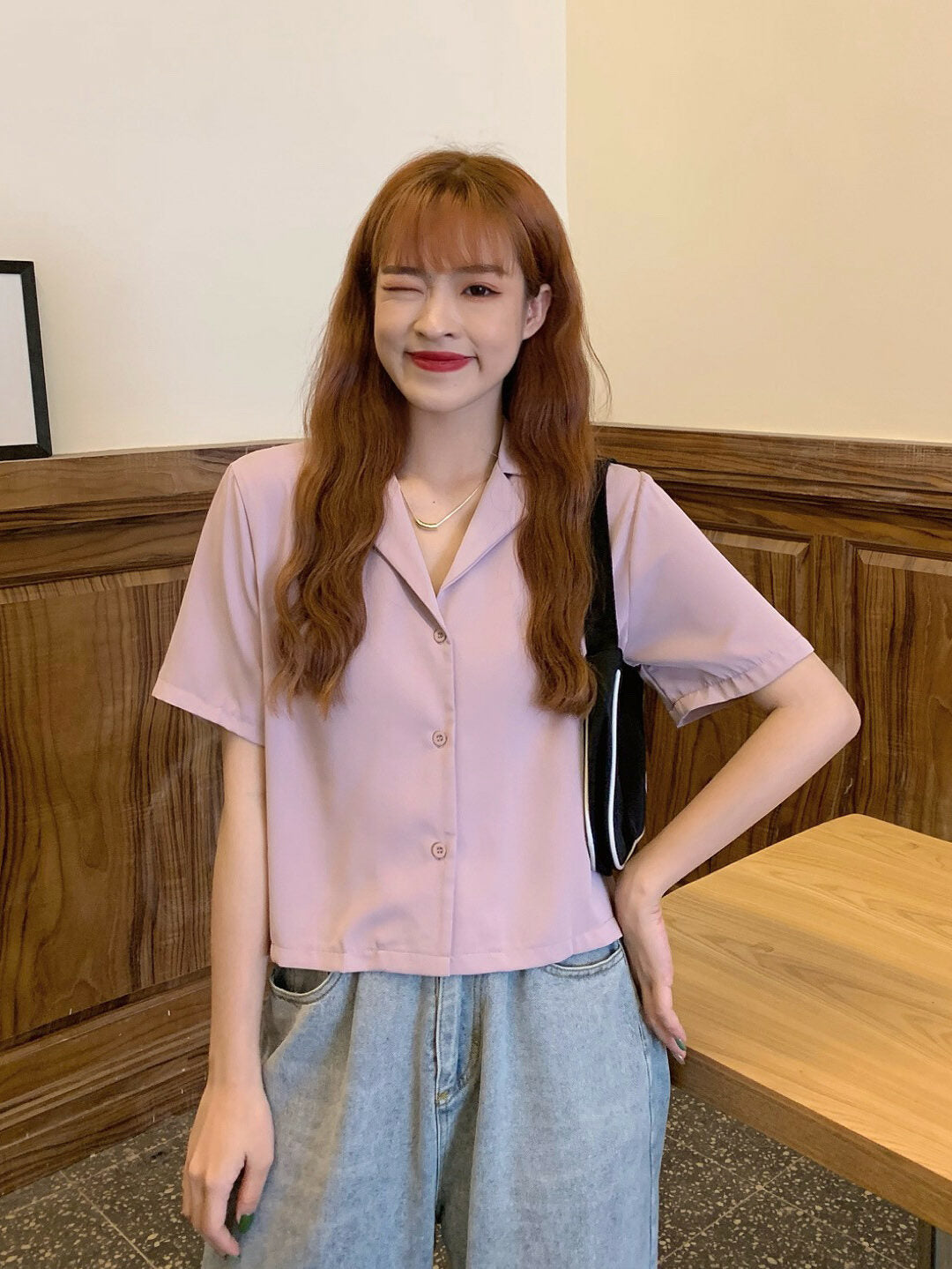 Hometown Cha-Cha-Cha Yoon Hye Jin Inspired Pink Short Sleeves Cropped Shirt