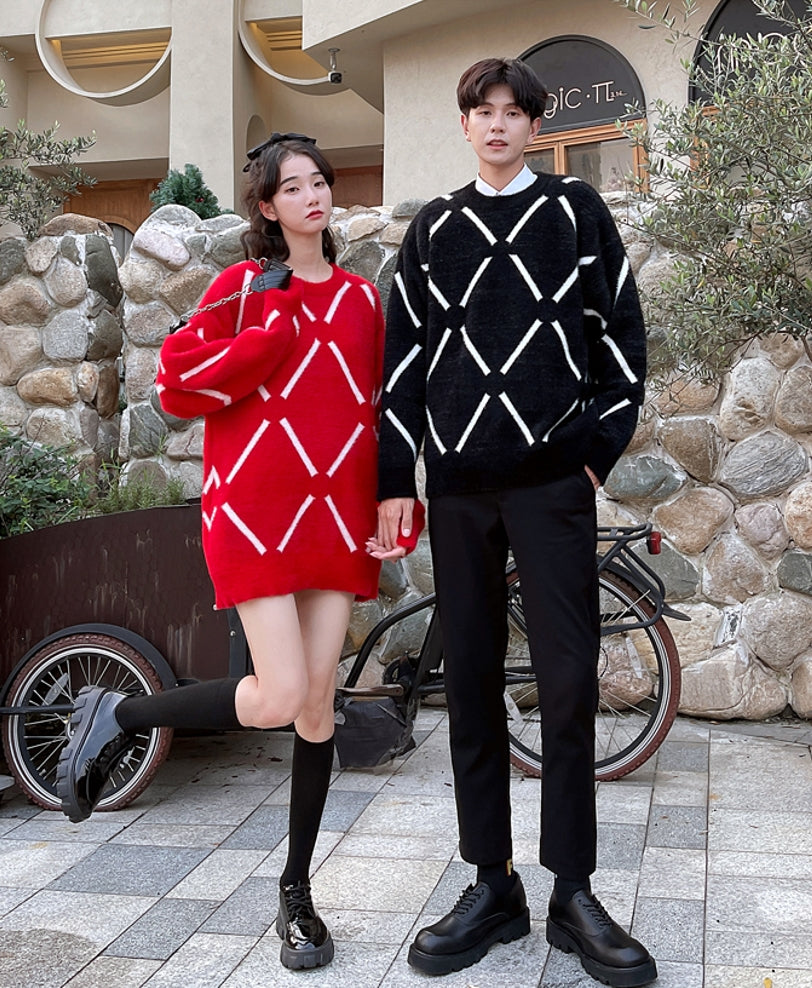 ATEEZ San Inspired Red Diamond Grid Sweater