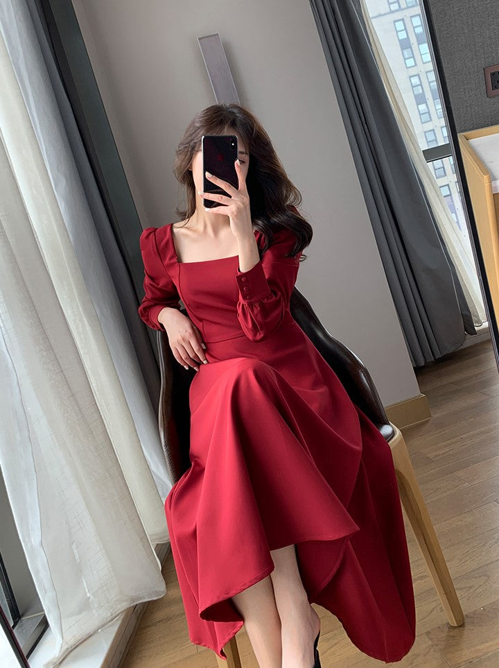 Penthouse Cheon Seo Jin Inspired Red Square Neckline Long Sleeves Dress