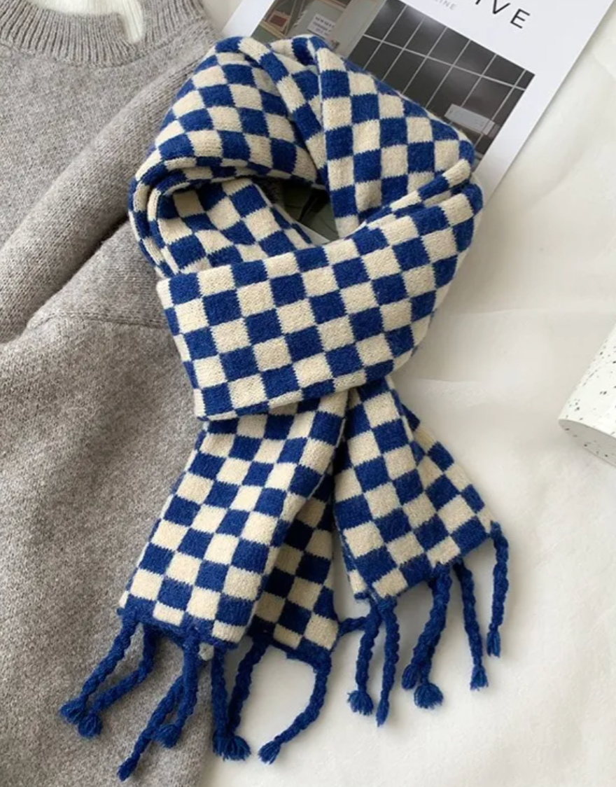 Blue check wool scarf