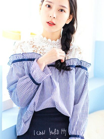 Red Velvet Irene Inspired Blue Striped Blouse with Lace