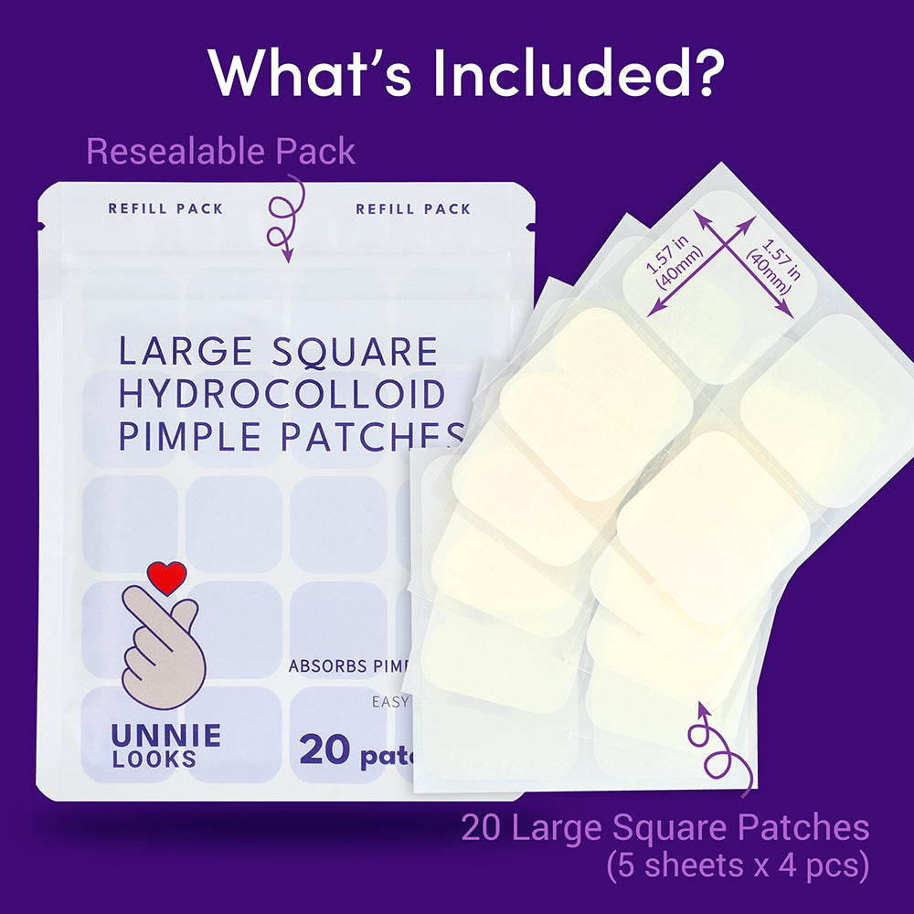 UNNIE™ Derma Patch - Large square Acne Pimple Patch - Hydrocolloid & Salicyclic acid for covering zits, blemishes, reducing acne for face and skin (20 Patches Included)