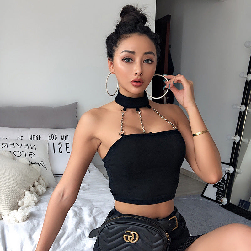 Itzy Lia Inspired Black Tube Crop Top With Chains