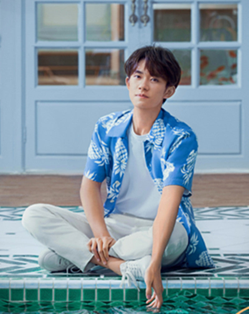 BTS Taehyung Inspired Pineapple Print Blue Short-Sleeved Shirt