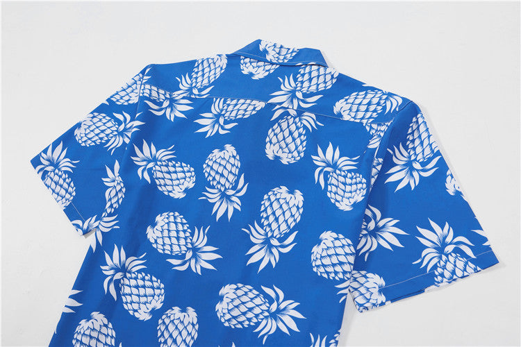 BTS Taehyung Inspired Pineapple Print Blue Short-Sleeved Shirt