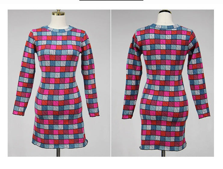 Blackpink Jennie Inspired Color Plaid Jacquard Knitted Dress