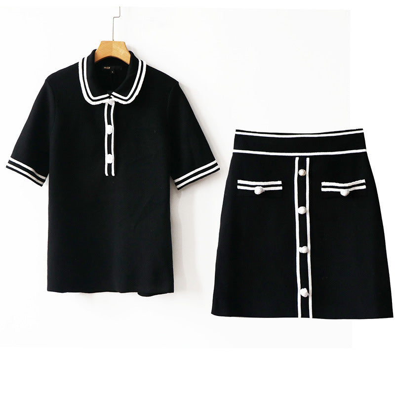 Blackpink Jisoo Inspired Black Short-Sleeved Top And Skirt With Pearl Button