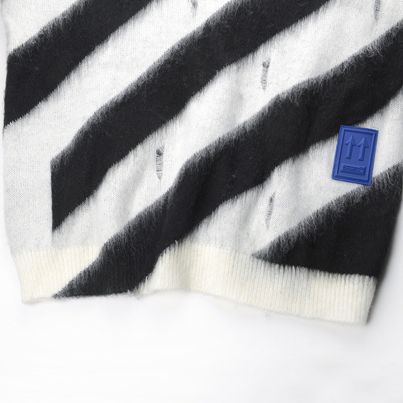 Stray Kids Bang Chan Inspired Striped Black And White Ripped Knitted Sweater