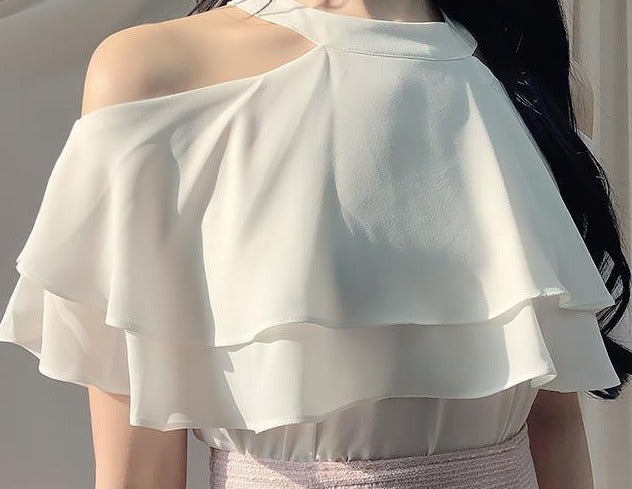 ChungHa Inspired White Ruffled Off-Shoulder Shirt