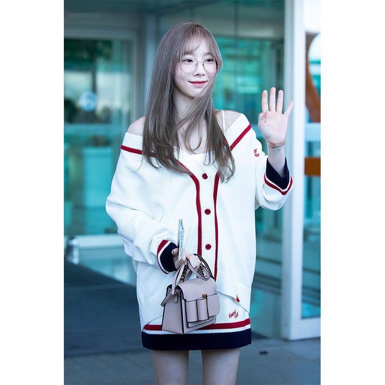 SNSD Taeyeon Inspired Cardigan Contrast Color And Hip Skirt