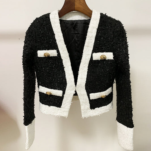 Blackpink Jisoo Inspired Black And White Short Woolen Jacket
