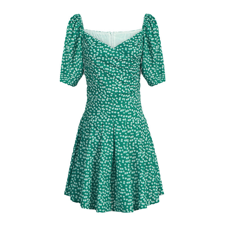 Blackpink Rose Inspired Green V-Neck Floral Puff Sleeves Chiffon Dress