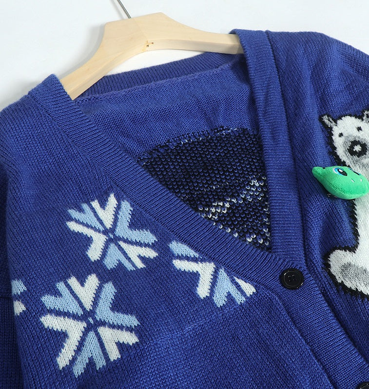 Blue Blackpink Jisoo-inspired Oversized Bear Snowflake Cardigan