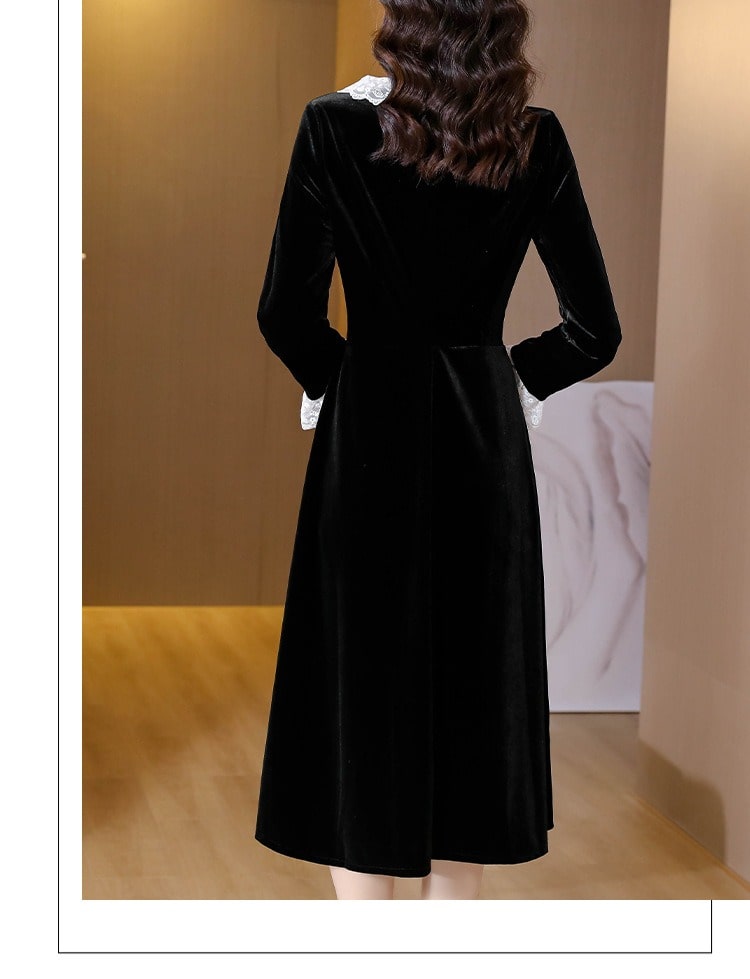 IU - Inspired Black With White Lace Velvet Dress