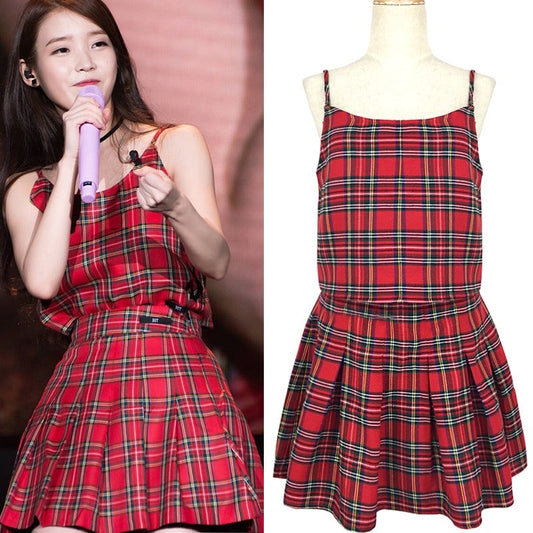 IU - Inspired Red Plaid Top & Skirt
