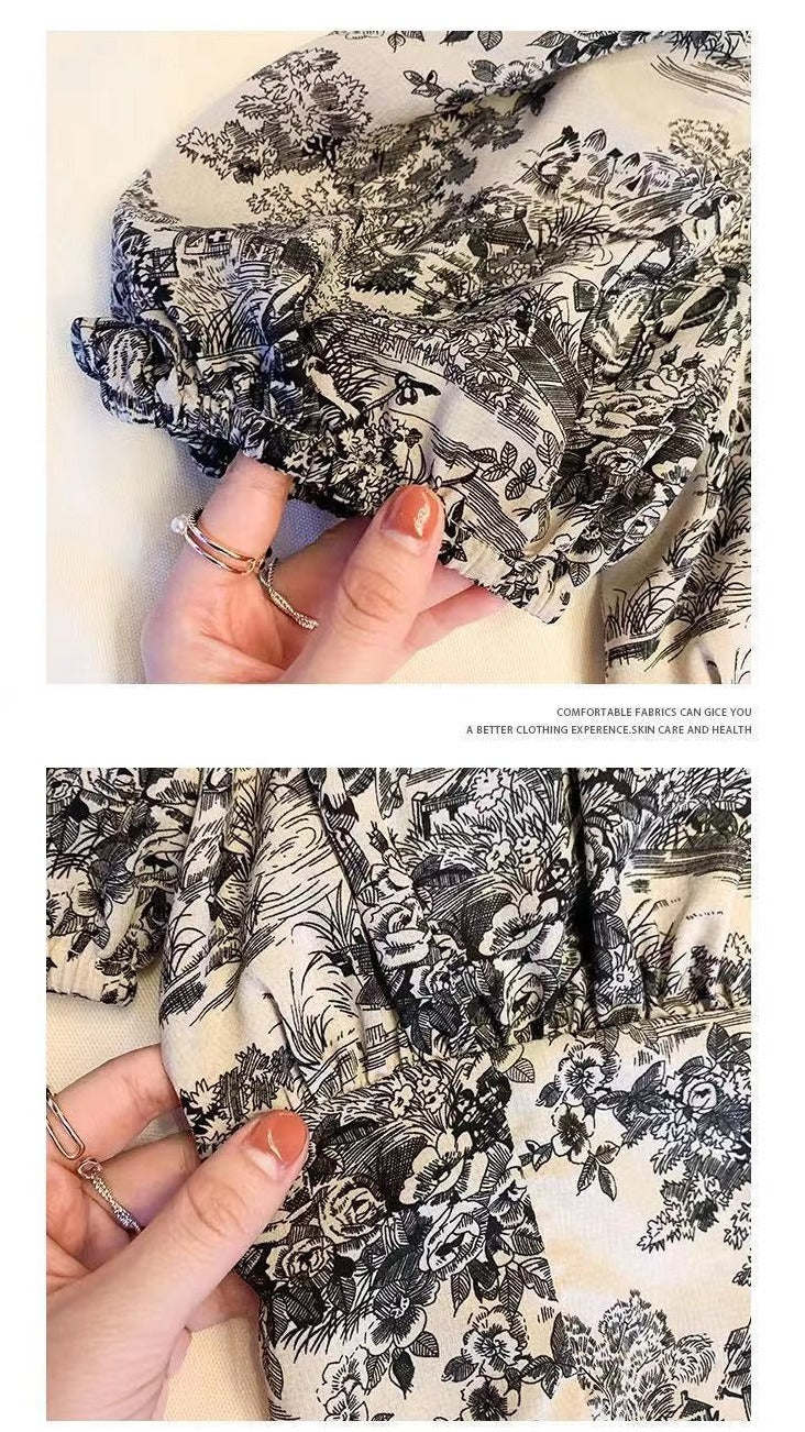 TWICE Momo-Inspired Ink Print Puff Sleeves Chiffon Shirt