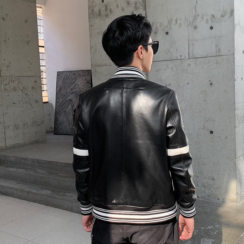 BTS RM-Inspired Black Leather Jacket with White Accent