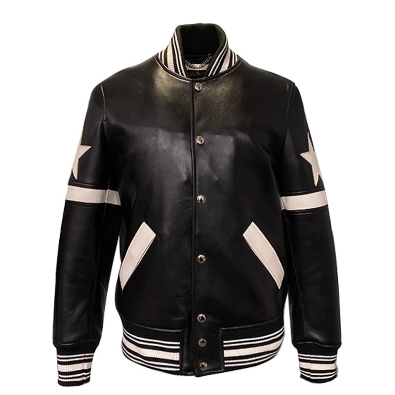 BTS RM-Inspired Black Leather Jacket with White Accent