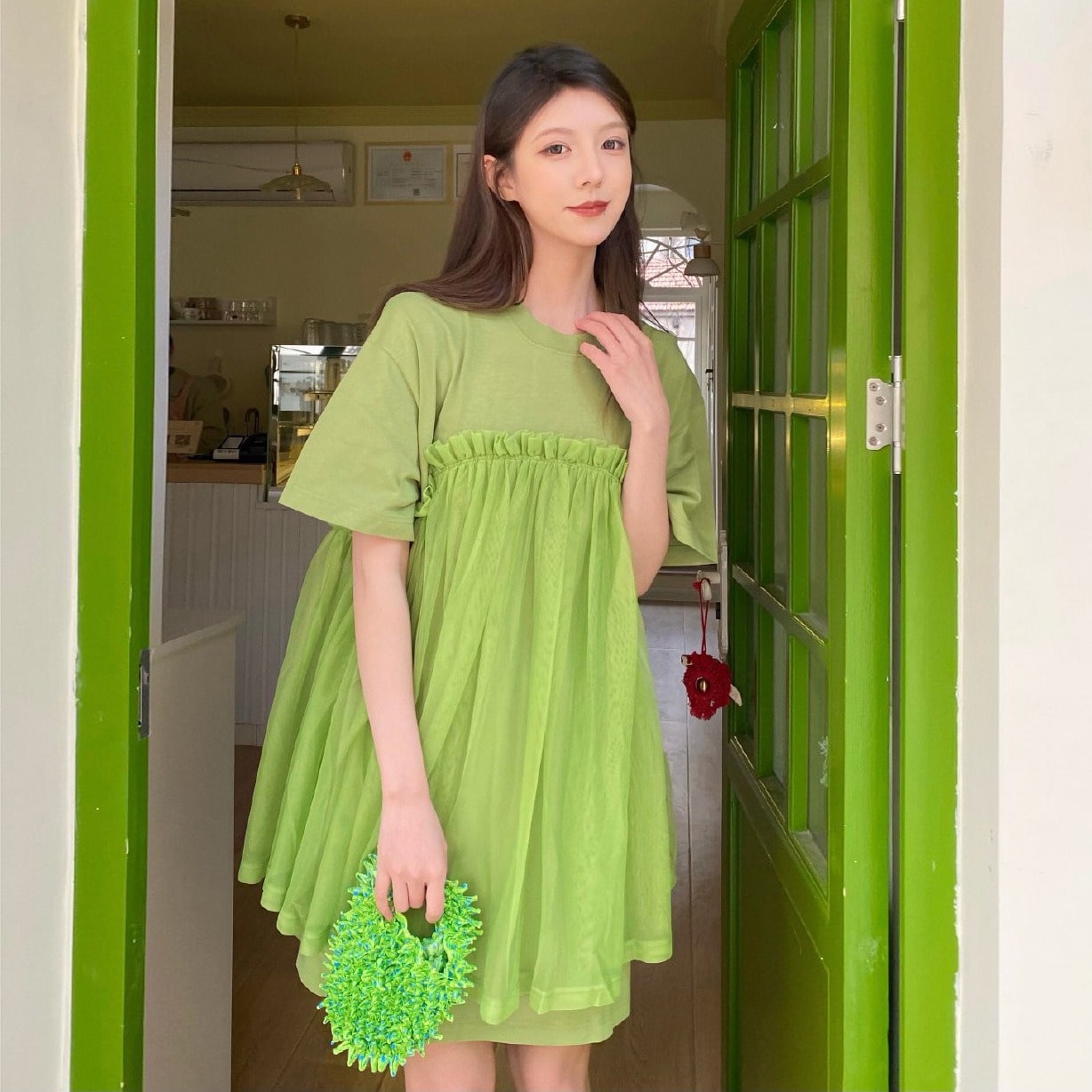 IVE Wonyoung Inspired Green Tulle Mini Dress