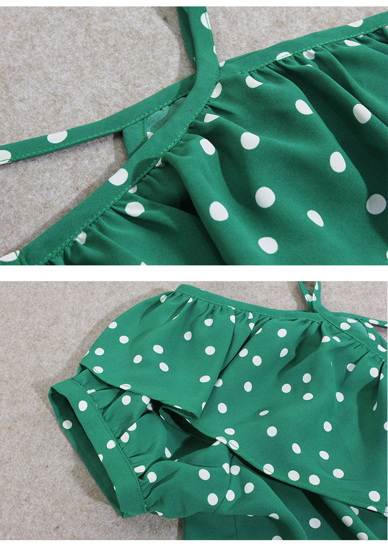 Blackpink Jisoo Inspired Green Off-The-Shoulder Polka Dot Chiffon Top