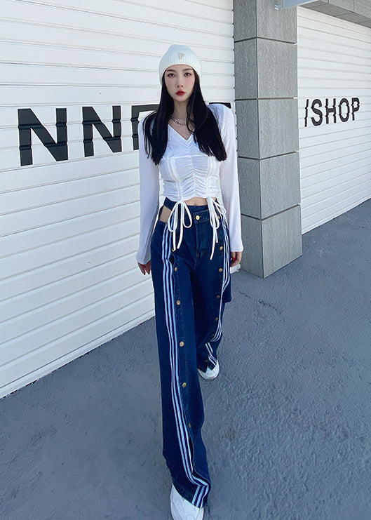 Blackpink Lisa-Inspired Blue Button Down Striped Jeans
