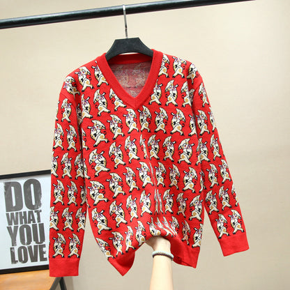 BTS Taehyung Inspired Red Piggy Loop V-Neck Pullover Sweater