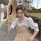 Colorblock Button Front Puff Sleeve Dress
