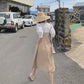 Colorblock Button Front Puff Sleeve Dress