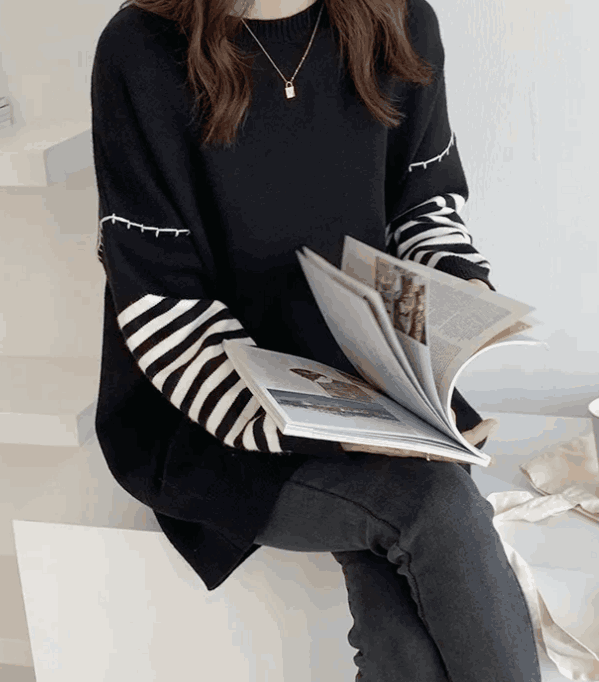 TXT Beomgyu Inspired Black Stripes Stitched Pullover