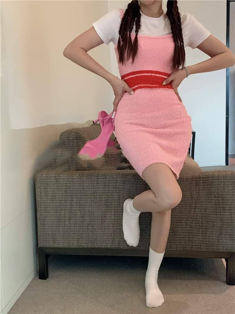 Blackpink Jennie Inspired Pink Sexy Knitted Stretchable Dress