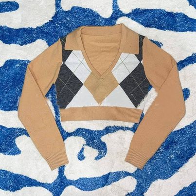 Jeon Somi Inspired Plaid Short V-Neck Long Sleeved Sweater