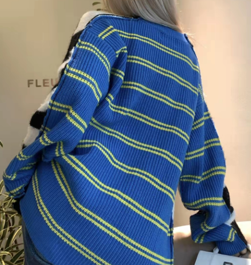 BTS Jimin-Inspired Black Blue Two Tone Striped Sweater