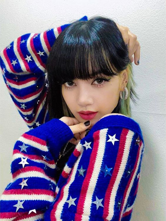 Blackpink Lisa Inspired Blue Striped Knitted Loose Cardigan