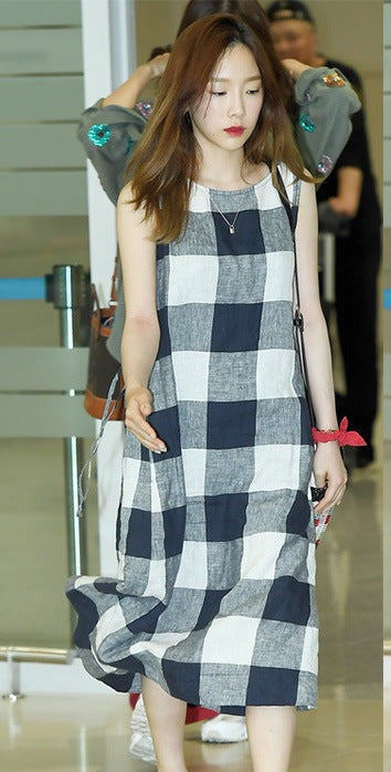 SNSD Taeyeon Inspired Black And White Plaid Sleeveless Dress