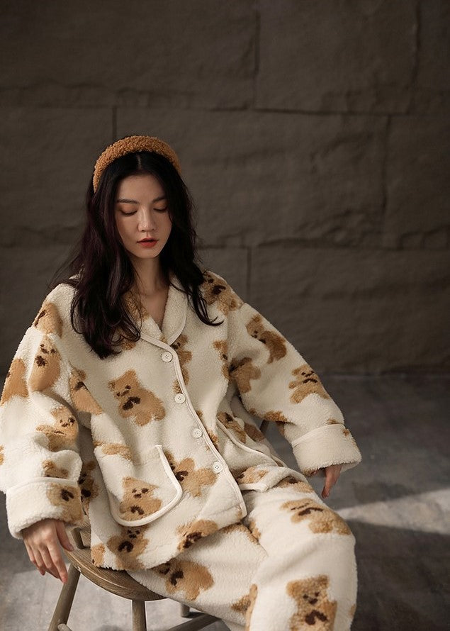 Enhyphen Jungwon Inspired Beige Button Down Bear Pattern Pajama Set