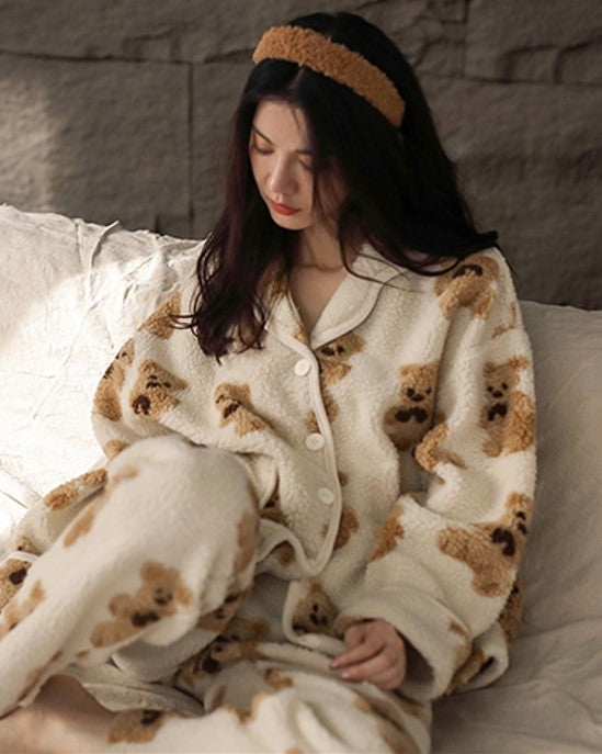 Enhyphen Jungwon Inspired Beige Button Down Bear Pattern Pajama Set