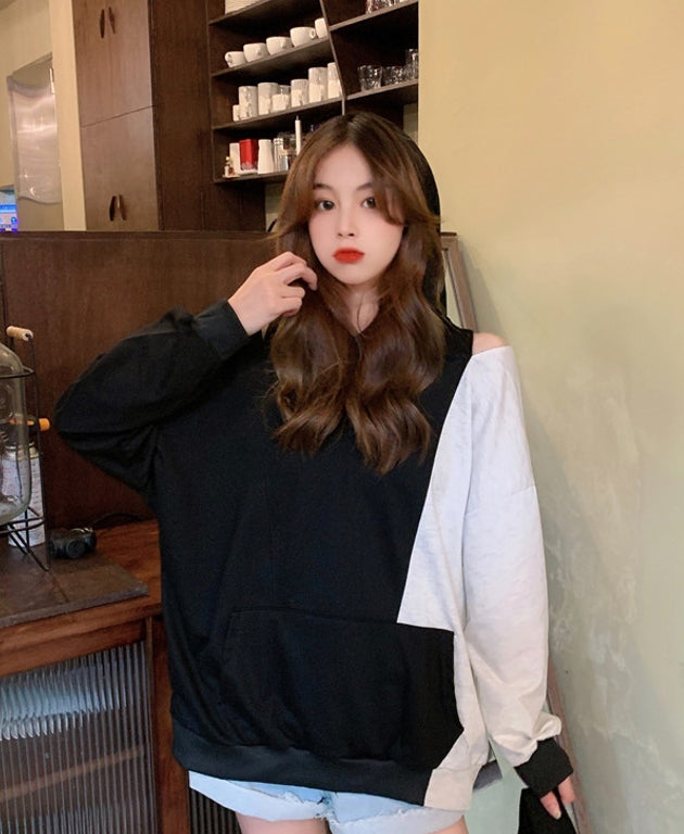 Red Velvet Irene Inspired Black And White Shoulder Cut Hoodie